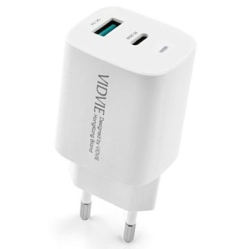 VIDVIE Snabbladdare 2xUSB - USB-C USB-A 20W Vit