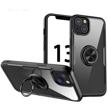 För iphone 13 - Stötsäker Transparent TPU + Akrylskyddsfodral med ringhållare (svart)