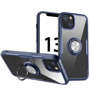 För iphone 13 - Stötsäker Transparent TPU + Akrylskyddsfodral med ringhållare (blå)