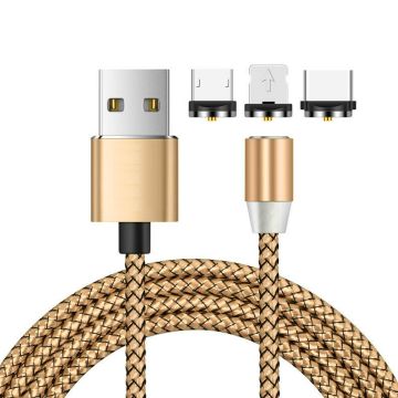 3 i 1 USB till 8 stift + Type-C/USB-C + Micro USB magnetiskt metallgränssnitt Nylonflätad laddningskabel, längd: 1m (guld)