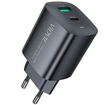 VIDVIE Snabbladdare 2xUSB - USB-C USB-A 20W Svart