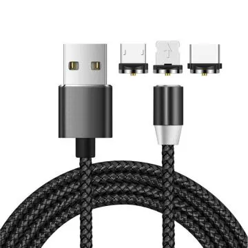 3 i 1 USB till 8 stift + Type-C/USB-C + Micro USB magnetiskt metallgränssnitt Nylonflätad laddningskabel, längd: 1m (svart)
