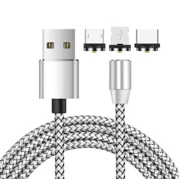 3 i 1 USB till 8 stift + Type-C/USB-C + Micro USB magnetiskt metallgränssnitt Nylonflätad laddningskabel, längd: 1m (silver)